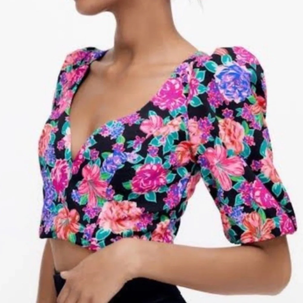 Zara Floral Puff Sleeve Crop Top Blouse - Picture 12 of 14
